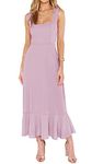 Women Bridesmaid Dresses Square Neck Ruffle Split Midi Dress Adjustable Wide Tie Straps Sundress with Belt for Wedding Guest, Light Purple, Small