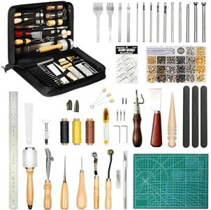 FifthQuarter Leather Tooling Kit: 58 Pcs Essential Leather Working Tools and Supplies for Starter with Guide Leather Craft Tool Kits with Organizer for Stamping | Cutting | Stitching | Carving