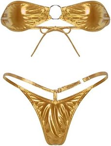 FEESHOW Women's Shiny Metallic Strapless Bikini Set Beach Swimwear Bathing Suit Mini Bra Top with G-String Gold One Size