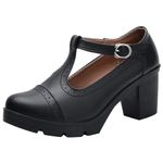 DADAWEN Women's Mid Heel Court Shoes T-Strap Mary Jane Platform Oxfords Dress Shoe Black 7.5 UK