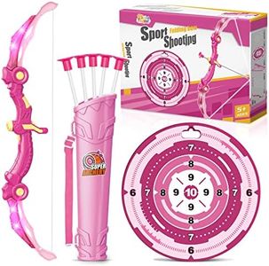 SpringFlower Bow and Arrow Toys with LED Flash Lights for Girls 5 6 7 8 9 10 Year Old, Archery Set Indoor Outdoor Activity with 10 Suction Cup Arrows,Quiver & Target,Birthday for Girls