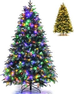 COSTWAY 5FT/6FT/7FT Pre-Lit Christmas Tree, Hinged Artificial Xmas Tree with 250/350/450 LED Lights, Dual-Color Changing, 11 Flash Modes, Pine Cones and Red Berries, Festive Party Decor (210 cm)