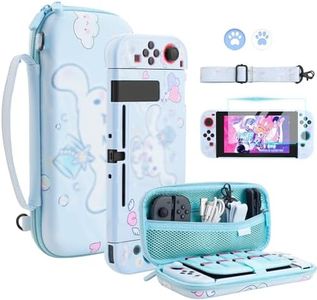 FUNDIARY Blue Cartoon Dog Carrying Case for Nintendo Switch, Cute Protective Hard Shell Travel Case Pouch with Protective Shell, HD Screen Protector, Adjustable Shoulder Strap and 2 Cat Paw Thumb Caps