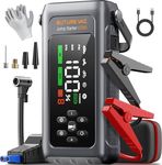 9-in-1 5000A 150PSI Car Battery Booster Jump Starter with Air Compressor (All Gas/9L Diesel), Portable Car Battery Booster Pack, Safe Durable Car Jump Starter with Extended Jumper Cables, Glove, Light