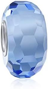 Bling Jewelry Perlina Distanziatrice Solida Traslucida Di Vetro Di Murano Sfaccettato Azzurro, Nucleo In Argento 925, Adatta Al Braccialetto Europeo Di Fascino Per Le Donne Adolescenti