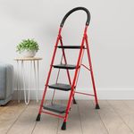 ZOLMIX Premium Steel Ladder, Stairs for Home, Foldable 4 Step Ladder, Sidi, Safety Clutch Lock, Anti Slip Steps, Knee Guard, Firm Grip, Anti Skid, Durable, Heavy Duty, Lader 5 Years Warranty - Red