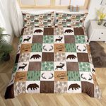 Erosebridal Rustic Patchwork Bedding Set, Bear Moose Duvet Cover Twin For Kids Boys Teens Adult, Farmhouse Hunting Deer Comforter Boho Arrows Buffalo Plaid Bed Set With 1 Pillow Case, Brown Green