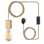 Wood Pendant Light Cord Kit with Switch, 15FT Vintage Industrial Hanging Light Plug in Pendant Lamp Cord with Twisted Nylon Rope E26 E27 Socket for Farmhouse Home DIY [Energy Class A+++]