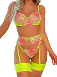 Kaei&Shi Glow in The Dark Lingerie,Underwire Floral Embroidered Sheer Garter Lingerie,G-String Matching Thigh Bands 4 Piece Sexy Lingerie Set Petite Fluorescent Green X-Small