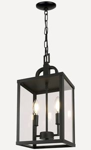 Large Outdoor Indoor Pendant Light 2-Light, Modern Black Metal Outside Chandelier Exterior Hanging Fixture Ceiling Mount with Clear Glass Shade for Front Porch Entrance Foyer Entryway (Bulb Included)