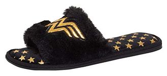 DC Comics Wonder Woman Slippers Faux Fur Mules Open Toe Sliders House Shoes Black 7/8 UK