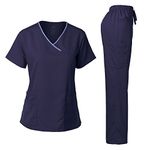 Dagacci Medical Uniform Women's Scrub Set Stretch Contrast Binding Top and Pants, Navy, Large