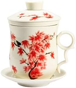ufengke Tazza da tè Porcellana Cinese, Motivo Acero Rosso, Tazza da tè Fatta A Mano con Filtro,1 Set di 4 Pezzi, per Regalo, La Famiglia E Ufficio -Bianco 300Ml