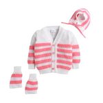 Little Angels Baby Sweater Set - 3 Pcs Woollen Full Sleeves V-Neck Textured Striped Sweater, Cap & Socks for Baby Girls 6 to 12 Months (Neon Pink)