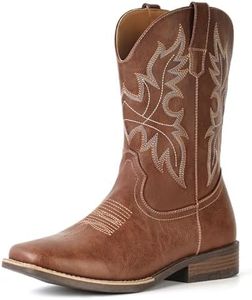 IUV Cowboy Boots for Men Embroidered Western Boots Square Toe Pull-On for Riding and Casual Wear All-Day Comfort