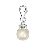 Quiges 925 Sterling Silver White Imitation Pearl with Zirconia Crown Lobster Clasp Charm Clip on Pendant