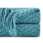 BATTILO HOME Teal Throw Blanket for Couch, Cozy Warm Knit Woven Turquoise Blanket with Tassels, Textured Solid Soft Decorative Teal Blue Throw, 60"x80"