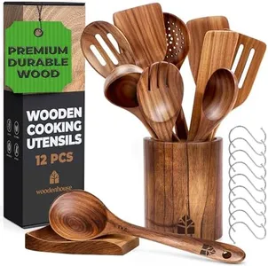 Wooden Spoons for Cooking – Wooden Cooking Utensils Set with Holder, Spoon Rest & Hooks, Teak Wood Nonstick Kitchen Cookware – Durable Set of 12pcs by Woodenhouse - Unique Kitchen Gifts for Women Men