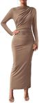 BTFBM Women Bodycon Maxi Dress Long Sleeve Back Slit Ruched Elegant Party Cocktail Formal Fall Wedding Guest Dresses(Khaki, Small)