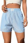 OYOANGLE Women's Summer Casual Striped Print Elastic Waist Mid Rise Straight Leg Shorts Blue Small