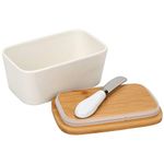 Vencier Porcelain Butter Dish with Knife Butter Dish with Wooden Bamboo Lid French Butter Dish Butter Knife Insulated Storage