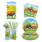 Tractor Birthday Party Supplies - Tractor Farm Party Plates Tableware, Including Tractor Plates, Cups, Napkins, Tablecloth, Straw for Tractor Themed Birthday Party Decorations, Serve 20 Guests