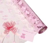 Baby Girl Cellophane Gift Wrap Hampers Florist Baby Shower + Free Pull Bow, Curling Ribbon & Card (3 Metre, Pink Ribbon, Pink Pull Bow)