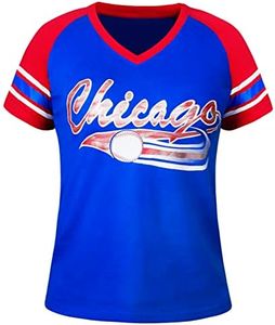 Geneisteck Womens Chicago City Baseball Fans V Neck Raglan T-Shirts - Blue & Red (Size:L)