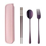 SBOMHS 18/10 Stainless Steel Chopsticks Spoon Fork Portable Cutlery with Case Set for School Home Office Camping Travel Outdoor Purple Colored