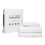 Color Sense Queen White, 100% Cotton Sheet Set, 300 Thread Count, Wrinkle-Resistant, Ultra Soft & Silky Sateen Hotel Quality Bed Sheets with Elasticized Deep Pocket, 4 Piece Cotton Bedding Set