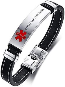 VNOX Pulsera Brazalete de Alerta de Identificación Médica SOS de Cuero Genuino de Acero Inoxidable,Grabado ALERGIA A LA PENICILINA