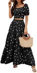 Rooscier Women's 2 Piece Outfit Shirred Short Sleeve Crop Top A Line Beach Maxi Skirt Set, Black, Small