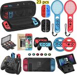 Welwel Accessories Bundle Compatible with Nintendo Switch, Accessories Kit with Carrying Case, 5 Angles Bracket, Charging Dock, 24 Games Case , Tennis Racket, Wheel, Grip, Screen Protector & More