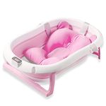 SYGA Baby Bath Tub, Foldable Bathtub with Support Cushion Drain Plug,Stable Anti-Skid Collapsible Infant Shower Basin for Toddlers Newborns Bathing_Pink