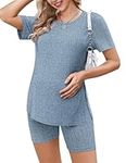 Ekouaer Women's Maternity 2 Piece Set Outfits Short Sleeve Shirts and Biker Shorts Ribbed Knit Pregnancy Pajamas Mama Clothes