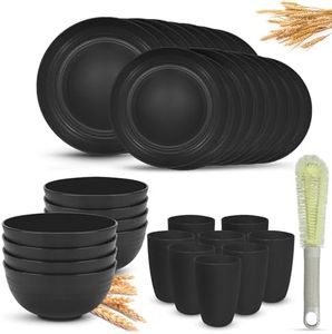 Kitchen Wheat Straw Dinnerware Sets (33pcs) Attached cleaning brush,Service For 8,Plastic Plates and Bowls Sets,Unbreakable Dinnerware,Lightweight Plastic Plate Set