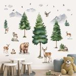 wondever Large Mountain Tree Wall Stickers Pine Tree Woodland Animal Deer Bear Peel and Stick Wall Decals for Baby Nursery Bedroom Kids Room Wall Decor