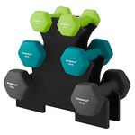 SONGMICS Hex Dumbbells Set with Stand - 2 x 1 kg, 2 x 2 kg, 2 x 3 kg, Neoprene Matte Finish, Hand Weights for Home Exercise, Lime, Teal, and Dark Grey SYL612G02