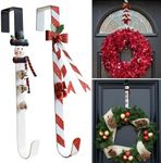 WKHOMEDECO 2 Pack Candy Cane Snowman Wreath Hangers for Front Door,Christmas Decoration Metal Over The Door Single Wreath Hook Ornament Door Wreath Hanger,Door Hanger for