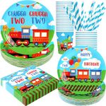 Chugga Chugga Two Two Birthday Party Decorations, 120Pcs Train Themed Party Supplies Transportation Disposable Tableware Includes Paper Plates, Napkins, Cups and Straws | Serves 24