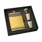 AUGEN Hip Flask Stainless Steel Leak Proof Gold Design Leather Stiched 8oz (230ml) Liquor Pocket Flasks or Alcoholic Beverage Holder Set with Two Shot Glasses and Funnel Gift Set