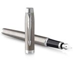 PARKER IM Fountain Pen | Stainless Steel with Chrome Trim | Fine Point with Blue Ink Cartridge | Gift Box