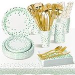 AIPartywar Party Tableware Set, Kids Birthday Party Supplies 226 Piece White Green Paper Plates Set Party Plates Cups Napkins Straw Dinnerware for Babyshower Engagement Wedding Birthday- 25 Guests