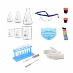 Bello Set of 22-3 Beakers & 3 Conical Flask, Test tubes, with 1 Plastic Test Tube Stand and 1 Test Tube Holder, 2 Rubber Cork, 2 Packs of PH Papers, 1-Set of Gloves, scientific Goggle and Mask, Brush