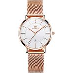 OLEVS Ladies Watches Rose Gold Stainless Steel Ultra Thin Mesh Band Watches for Women Big Face White Dial Minimalism Classic Womens Watch Waterproof Analog Quartz Dress Watches for Women