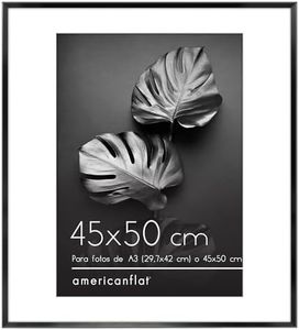 Americanflat Marco de Fotos 45x50 cm - Marco Fotos Aluminio Negro para Póster para Usar como Portafotos de A3 Con Paspartú o 45x50 cm Sin Paspartú - Cristal Irrompible con Ganchos para Colgar