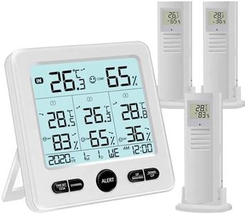 Indoor Outdoor Digital Thermometer Hygrometer with 3 Wireless Sensors, Temperature Humidity Monitor with 30m-100m Range Remote Sensor, Clock, Alarm, LCD Backlight for Home, Office, School
