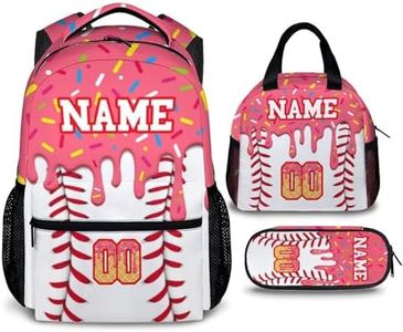GiftRomance Kids Backpacks for Girls Personalized Baseball Drip Backpack, Pink 3Pcs Set 17 Inch Ice Cream Baseball Schoolbag for School Preschool Elementary Kindergarten Travel