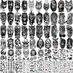 Bilizar 60 Sheets Tribal Lion Tiger Temporary Tattoos For Women Men Halloween, Scary Devil Skull Skeleton Fake Tattoos For Adult Teens Arm Neck, 3D Black Wolf Dragon Realistic Tatoo Sticker Forearm