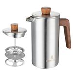 BERTILLE french press coffee maker, 34OZ 304 food stainless steel French press coffee maker with solid wood handle, double-layer insulation and 3-layer filtration system (silver)